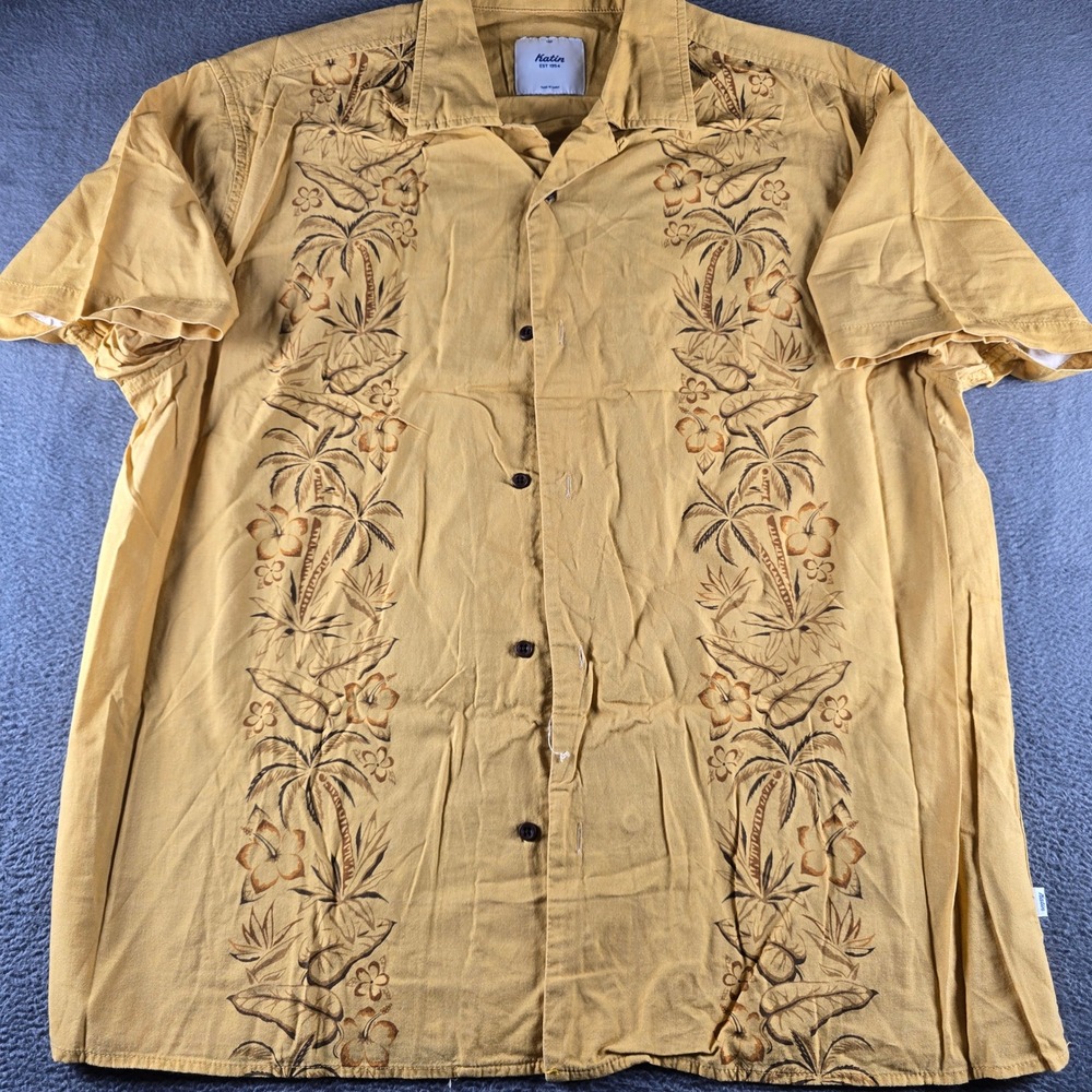 Katin Mens Medium Mustard Yellow Tropical Palm Tree Hibiscus Button Down Shirt